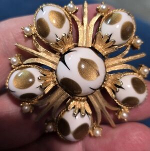 Vintage Cache GoldWhite Polka Dot Floral Brooch - Designer Style Women Jewelry